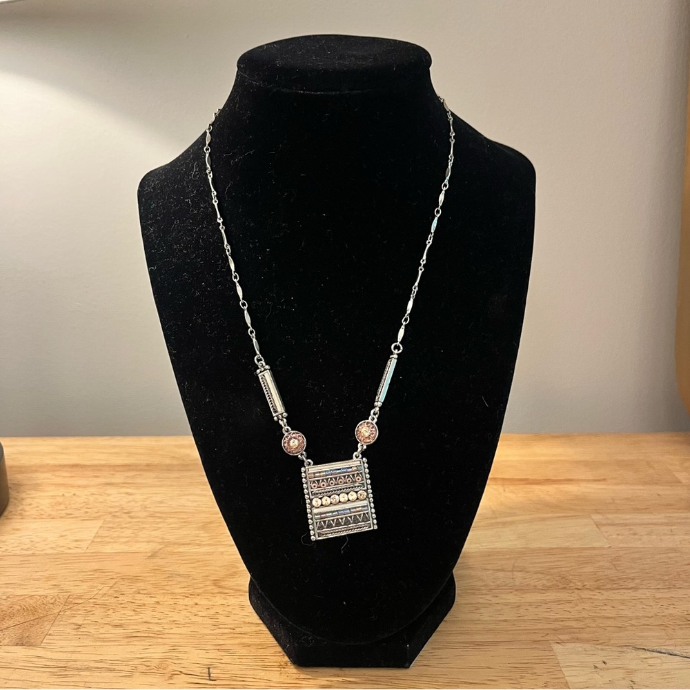 Lia Sophia Elemental Square Pendant w/ Pink Crystals Matte Silver Tone Necklace